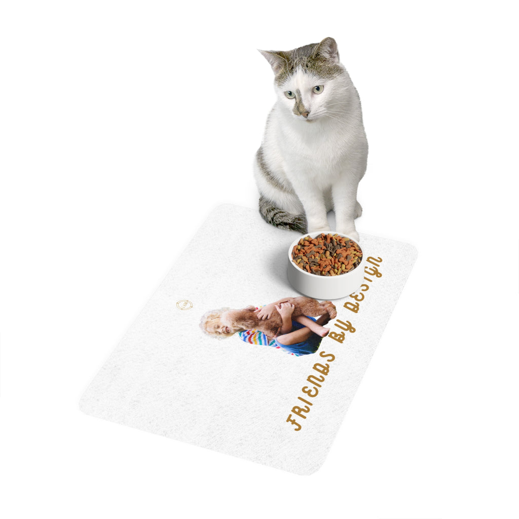 Pet Food Mat — "Friends By Design" Cute Kid & Puppy Feeding Mat (12x18)