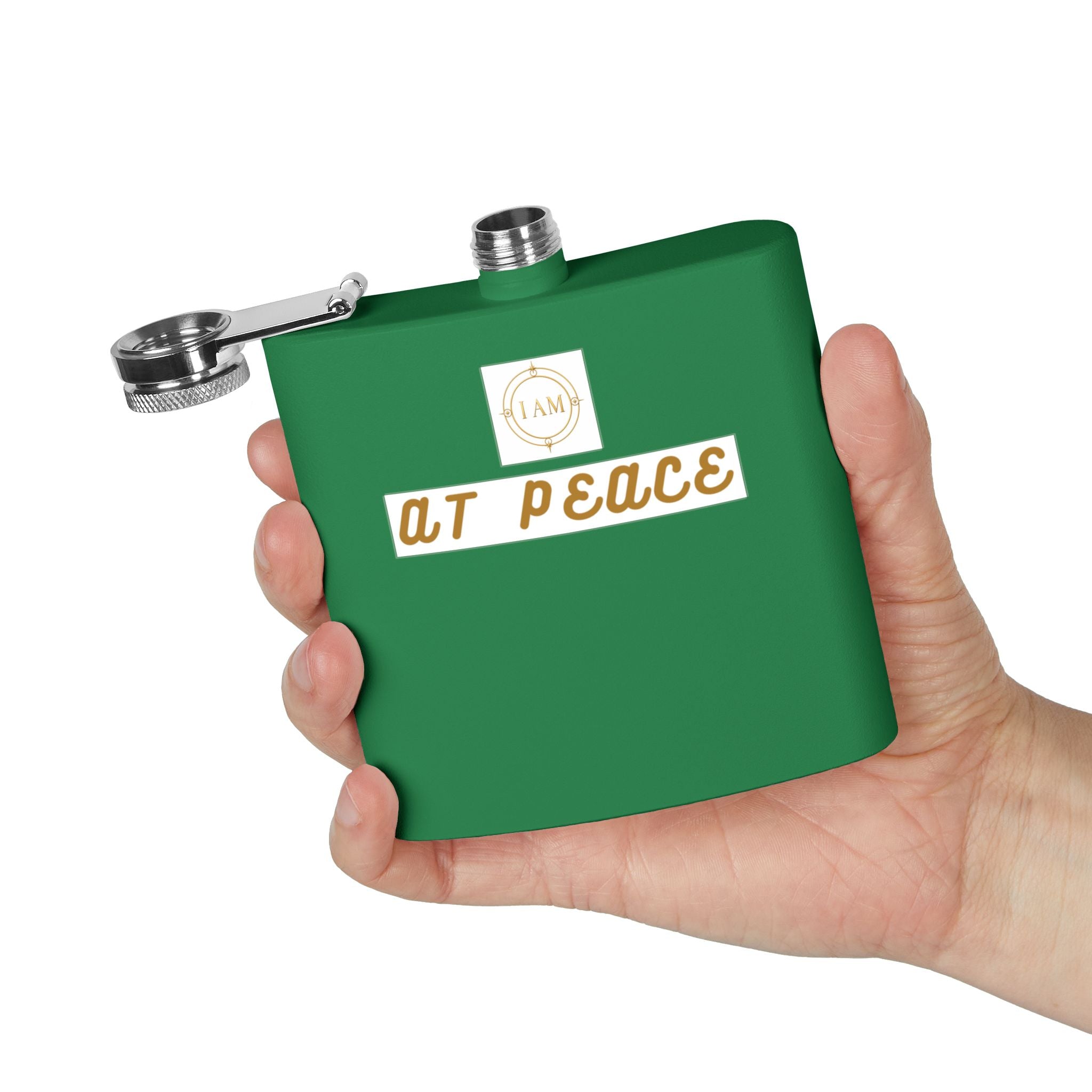 Flask — "I AM AT PEACE" Stainless Steel 6oz Hip Flask | Inspirational Calm Gift