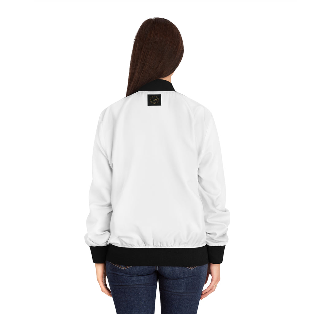 White Women's Bomber Jacket with Black Trim – Minimal Patch Logo AOP