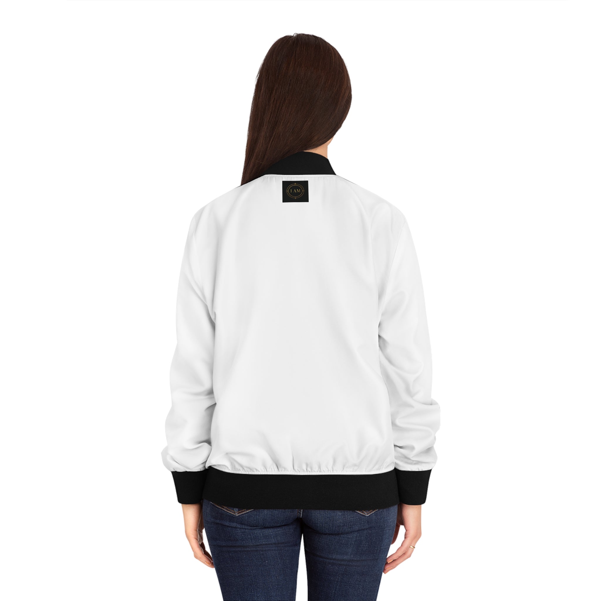 White Women's Bomber Jacket with Black Trim – Minimal Patch Logo AOP