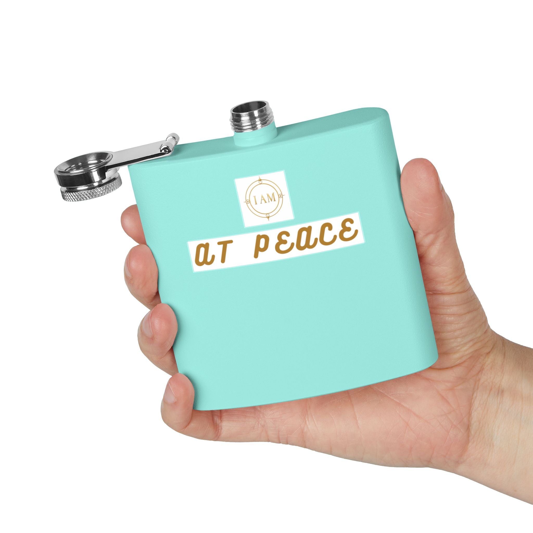 Flask — "I AM AT PEACE" Stainless Steel 6oz Hip Flask | Inspirational Calm Gift