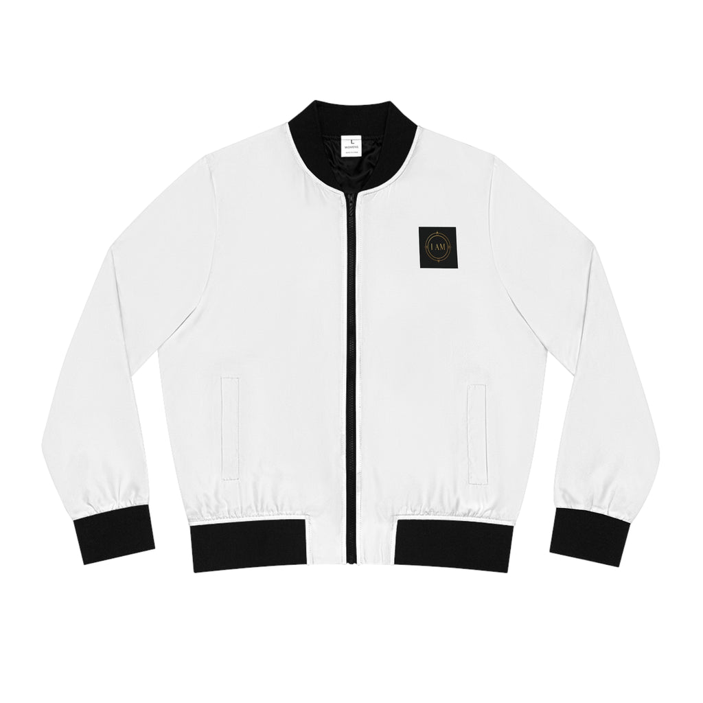 White Women's Bomber Jacket with Black Trim – Minimal Patch Logo AOP