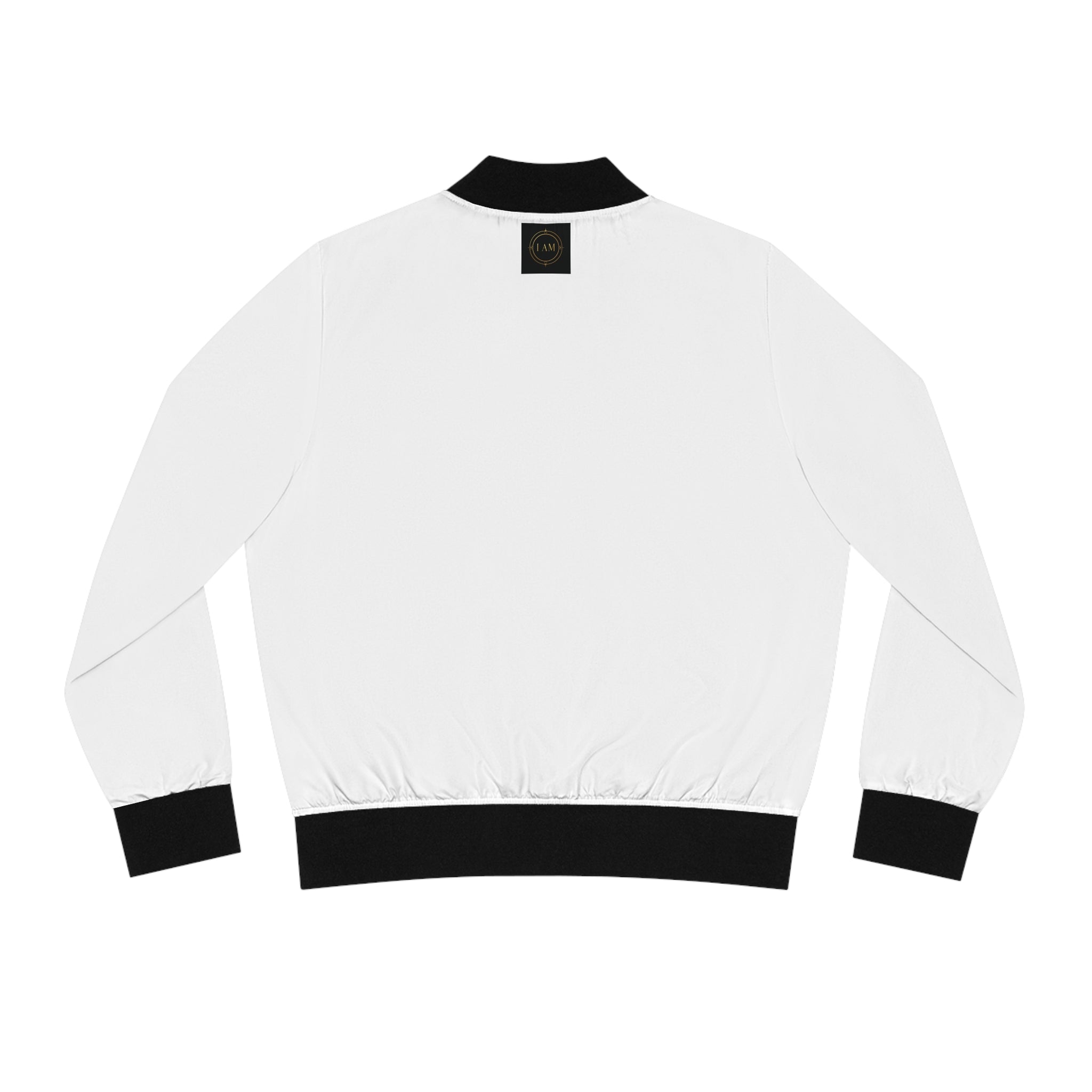 White Women's Bomber Jacket with Black Trim – Minimal Patch Logo AOP