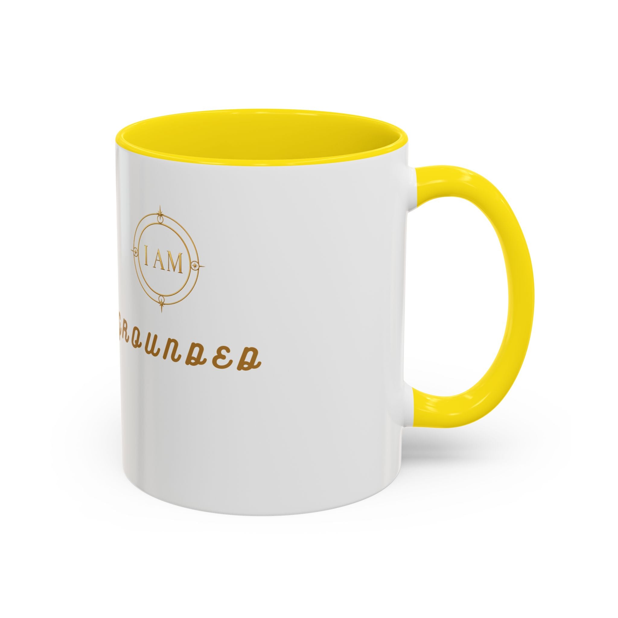 I AM Grounded Accent Coffee Mug — Inspirational Gold Script Ceramic Mug