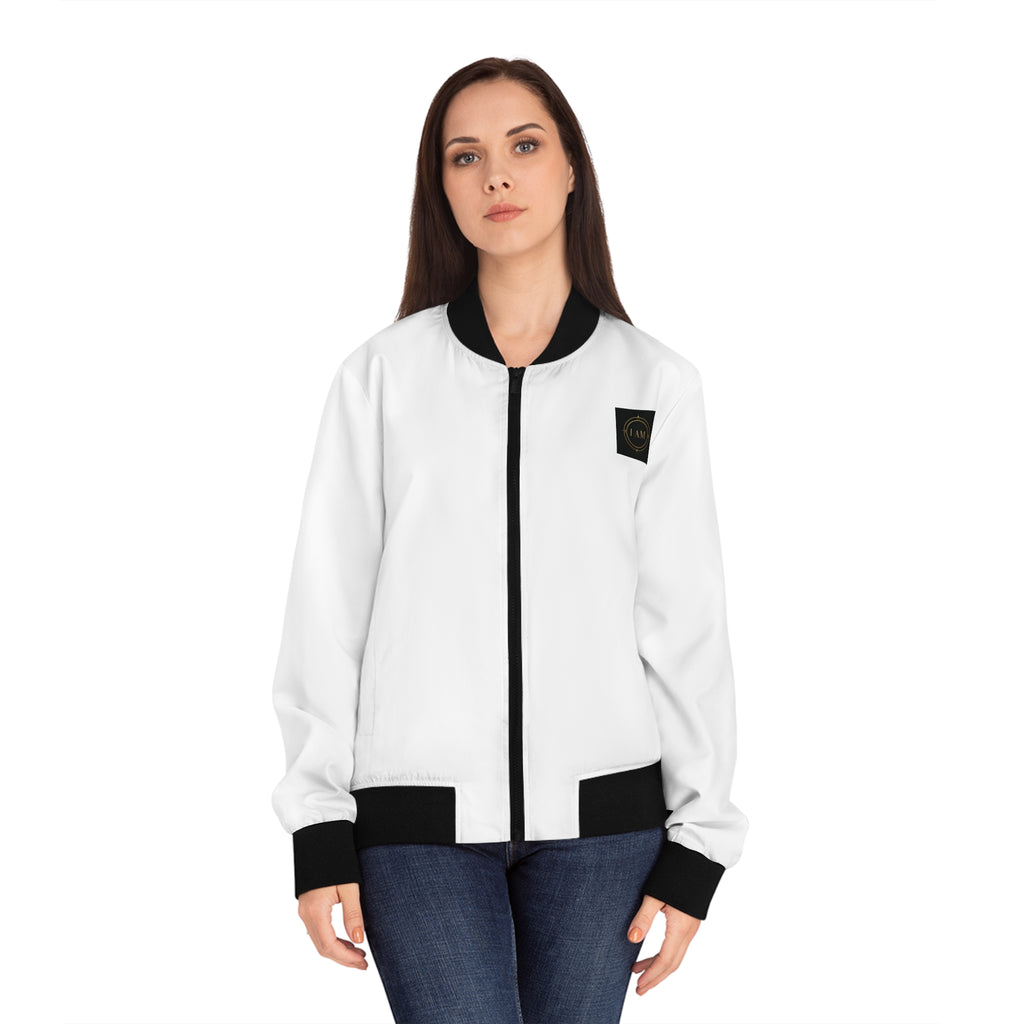 White Women's Bomber Jacket with Black Trim – Minimal Patch Logo AOP